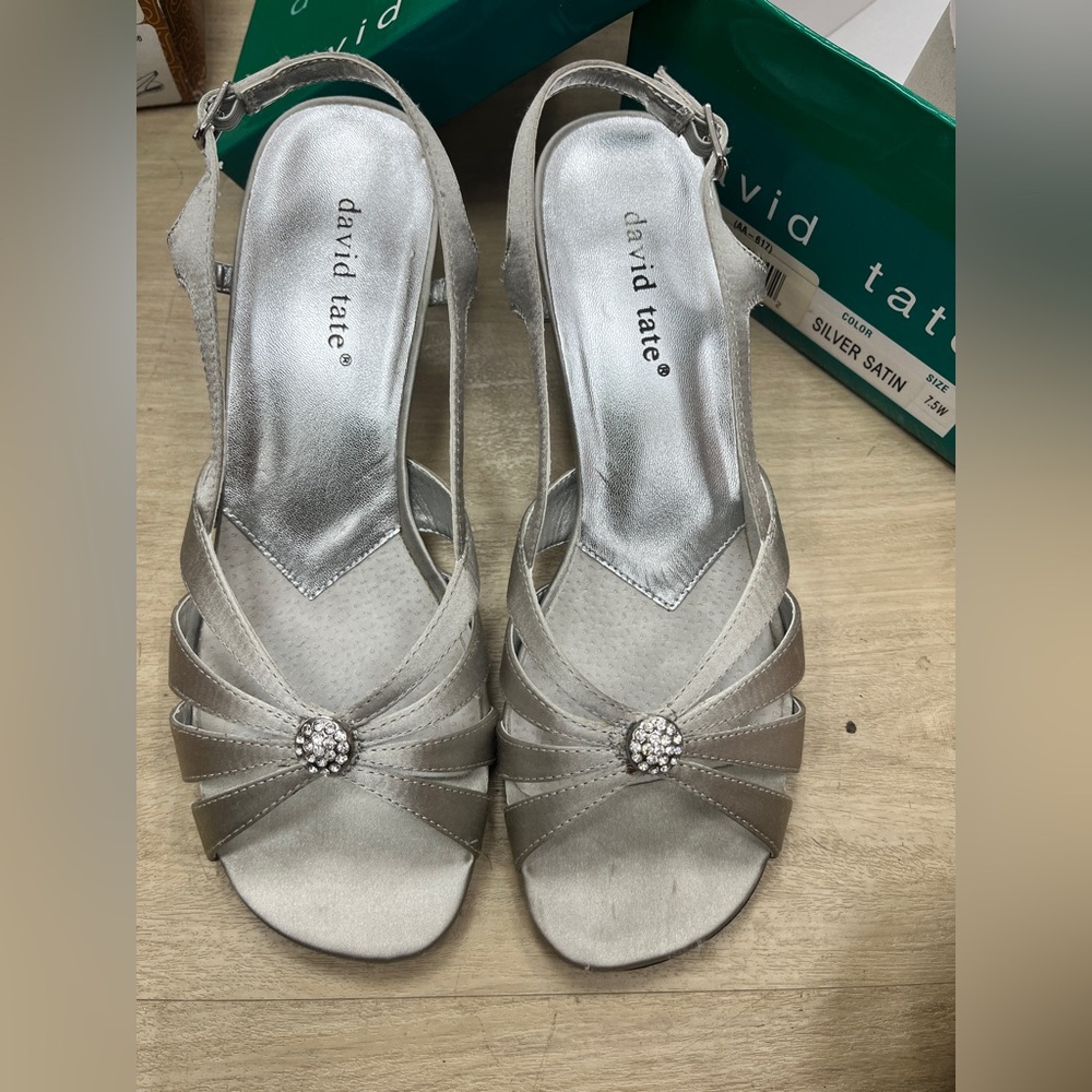 David Tate Silver Satin Heels with Rhinestone Accent